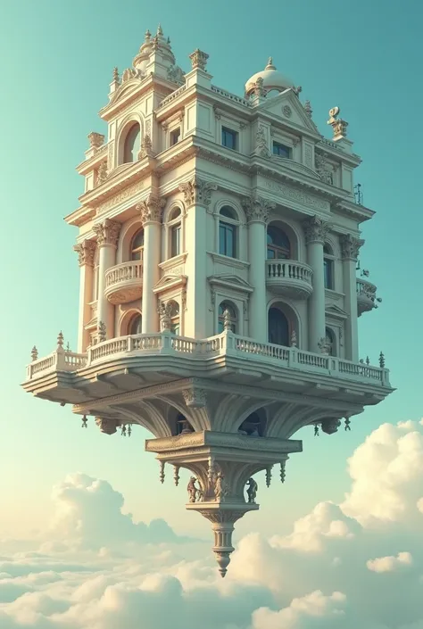 A surreal building floats in the sky ,  the structure looks like a mix of a baroque palace and a television station with cameras pointed at the windows,  with a palette of pastel and warm colors 