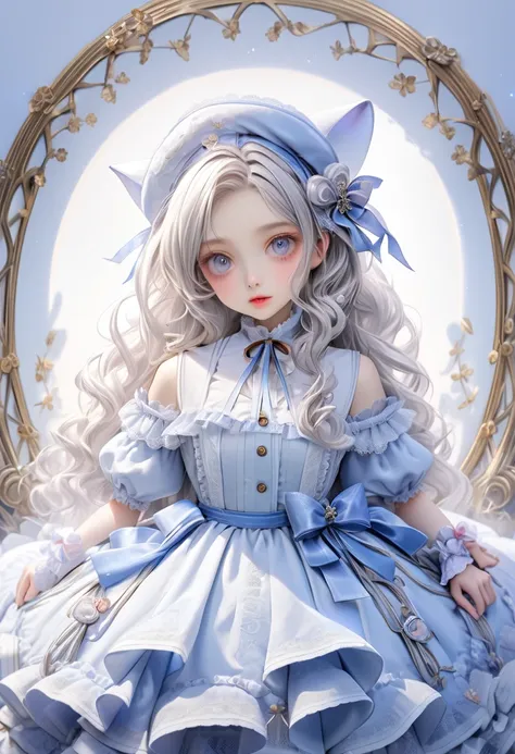 1 cute girl with cat ear and cat tail, ligne claire, contour deepening beautiful detailed glow, by famous artist,  head tilt, long white hair, curly hair, Air bangs, Grey hair, beautiful detailed hair, Beautiful face, ^ ^, lovely big eyes, flat chest, zett...