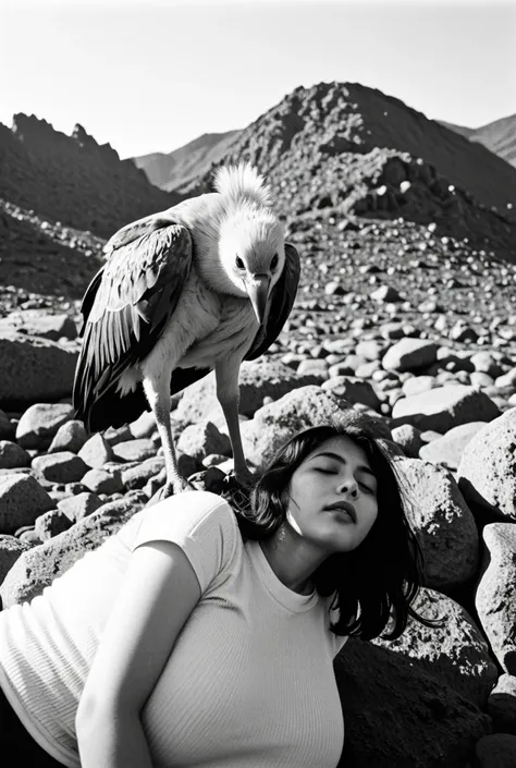  Se the tail of the vulture with the stout plumage. Standing position on the body of a Taiwanese woman who is asleep.  Staring sharply in the direction into the distance .  Waiting for prey . with an eerie expression .  His thick plumage waved in the wind ...