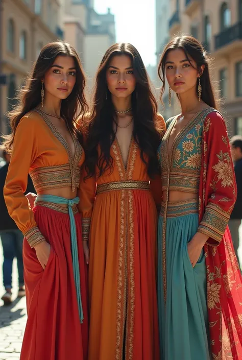 پرامت برای تولید تصویر:

“Three young women wearing modern, contemporary outfits inspired by the rich cultural traditions of Georgia, India, and Iran. Each outfit blends traditional motifs and patterns from these cultures with sleek and fashionable designs...