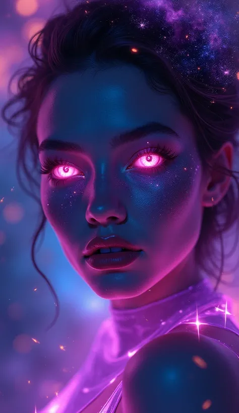 A purple neon woman face, the universe as background 