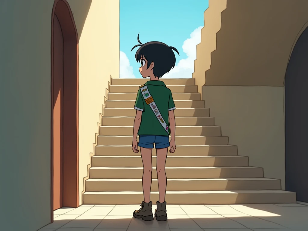 girl scout standing looking towards the stairs, his back is turned, looking up, anime, blue shorts, full body