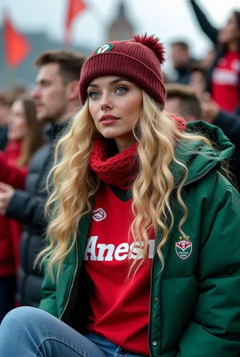  A 25-year-old German model with a striking ,   long blonde hair ,  that falls off her back  ,  styled in curly waves ,  sits in the audience at a Bundesliga game in Bremen .  she has fascinating deep blue eyes ,  the soft ,  that conveys depth and draws a...