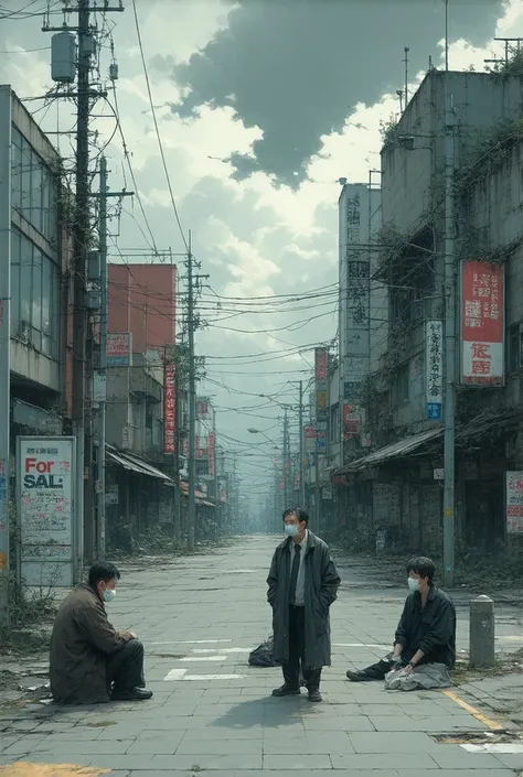 a desolate urban landscape in Japan during the COVID-19 pandemic, abandoned buildings and empty streets, "For Sale" signs with faded prices, people sitting on the sidewalks looking hopeless and dejected, some wearing masks, dark clouds overhead symbolizing...