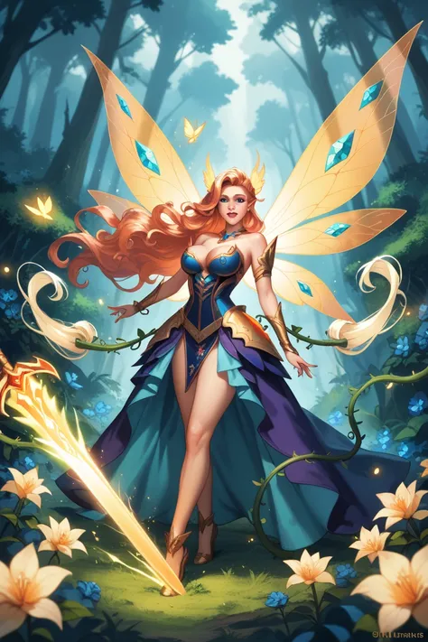 A fierce fairy with shimmering sapphire wings leaps through a dense forest, her sword slashing through creeping vines. Her flowing hair and curvaceous form are illuminated by glowing flowers and fiery orange light bursting through the trees. Magic pulses f...