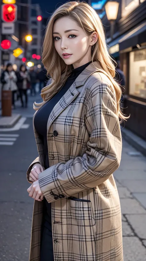 wearing plaid long coat, Bewitching eyes, well-balanced eyes, //street snap //fashion model posing, ((facing viewer)), //at the street, //japanese lady, pale skin, //blonde hair, //((standing)), high quality:1.3, Professional lighting:2.0 realistic:1.2, 4k...