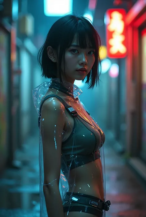 live-action、 real、Double Exposure、サイバーパンクスーツを着た美しい日本人女子高生、Dark Alley、Beautiful Japanese high school girl in a cyberpunk suit where the suit is see-through and the scenery behind her can be seen through 
