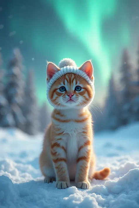  cute kitten、 standing like a human、 representing divinity is facing the front、 looking at the camera、 there is a lot of snow on the 、Are you wearing a knitted hat with dog ears、 background Im wearing is a realistic aurora borealis、 kittens smaller than th...