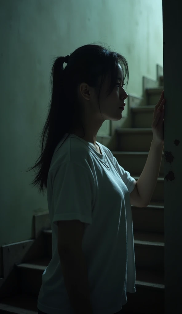 Image of a 30 year old Vietnamese woman, wearing a white T-shirt, standing with her back turned, tiptoeing up the stairs, one hand on the wall, gloomy scene