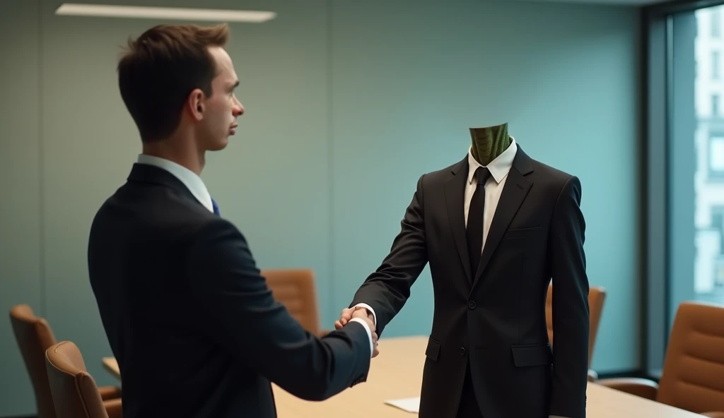 me with my face clearly visible ,  wearing a well-fitting black business suit .  I am shaking hands with an alien with human and lizard characteristics ,  dressed in an elegant business political suit .  The scene takes place in a professional meeting room...