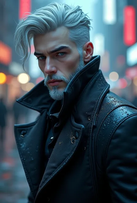 A sexy and imposing man of about 25 years old, snow-white skin, grey eyes, dressed in a stylish winter coat with an anime goatee, cyberpunk era, in details