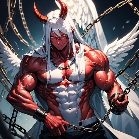 The devil with red skin all over the body 1.99、solo1.5、arrogant smile 1.5、 Muscular Man with Chains and Shackles 、 Wears White Saruel Pants with No Weapons 、 Looks like an Angel with Red Skin and Yellow Eyes、disaster々Shiny Dark Bullet 1 .7、