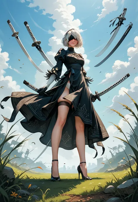 1woman, (2B), (Nier Automata: 2B), embarrassed look, blushing, white hair in a bob style, blindfold over eyes, pale skin, black tomboy style dress, high side slit in dress, panties showing under dress, absolute territory showing, black thigh high stockings...