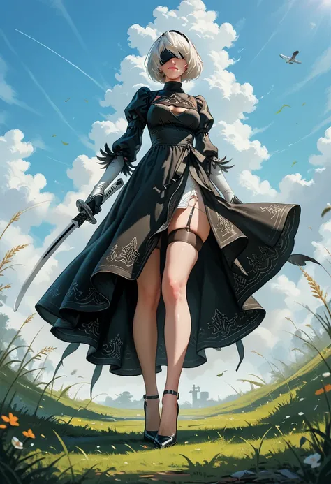 1woman, (2B), (Nier Automata: 2B), embarrassed look, blushing, white hair in a bob style, blindfold over eyes, pale skin, black tomboy style dress, high side slit in dress, panties showing under dress, absolute territory showing, black thigh high stockings...