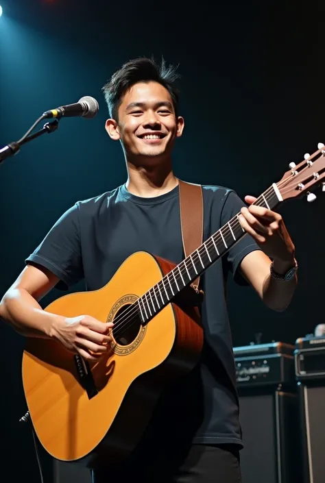 (photorealism:1.2), a young Indonesian man is conser beain guitar on a pangung conser looks his face smiling slightly