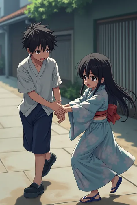  a boy walks away ,  apparently determined to leave ,  while a girl with yukata ,  clearly distressed , try to stop him .  She is desperate ,  sad and worried about her departure ,  and their eyes reflect the pain of the situation.  tightly as the distance...