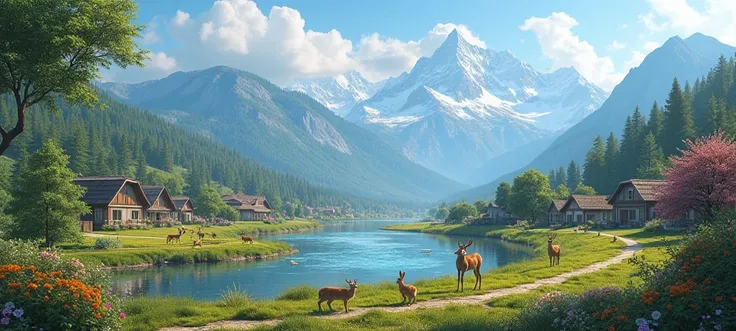 A small town by the river, mountains in the background, colorful floral flowers , detailed landscape, deer,Rabbits