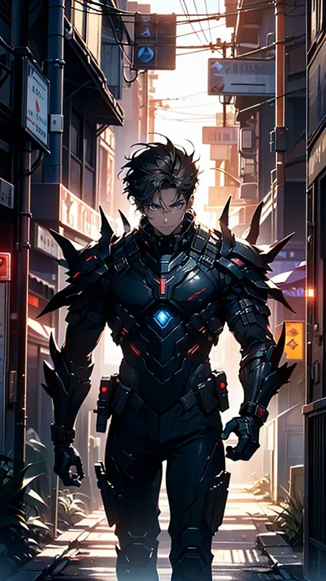 “A tall, athletic man in his late twenties, wearing a sleek, dark combat suit with silver accents. His face is serious, with short, dark hair and sharp eyes. He is shown mid-action, performing a short-distance teleport. His body partially dissolves into a ...