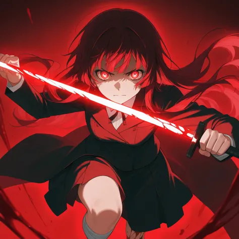 Bungou stray dogs anime style. A woman with long peach-colored knee-length hair with glowing red eyes, takes blood as her weapon. And fly to attack the enemy With a gentle smile.