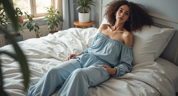 (photorealism:1.2), beautiful woman, sitting on bed, wearing loose off-shoulder top, pajama pants, long curly hair, indoors, soft lighting, plants in background, window with sunlight, cozy room, relaxed pose, realistic, intricate details, warm colors, by G...