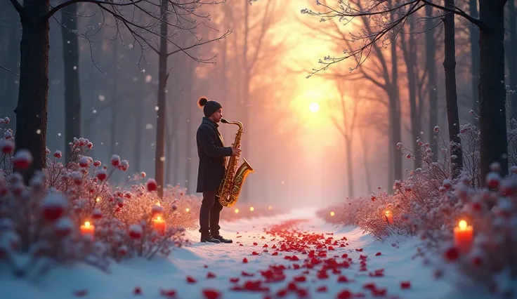 Under a dreamy winter sunset, a saxophonist plays a heartfelt melody amidst a serene snow-covered forest. Candlelight flickers gently, illuminating the soft glow of crimson rose petals scattered along the path. The golden tones of the saxophone and the war...