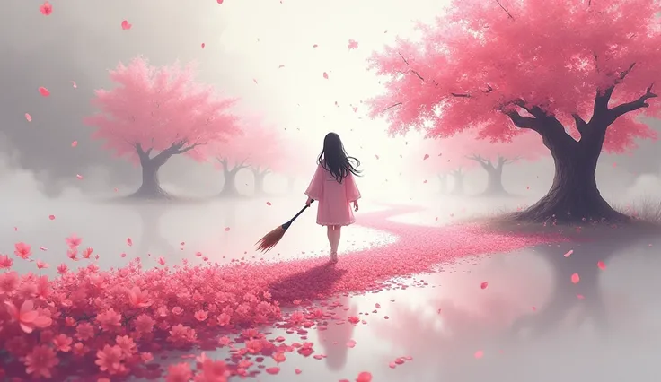 masterpiece, best quality, anime style, 16:9 aspect ratio

A person painting the sky with a magical brush, where each stroke transforms into cherry blossom branches and petals. The painted lines flow from their hand, creating a path forward. Behind them, t...