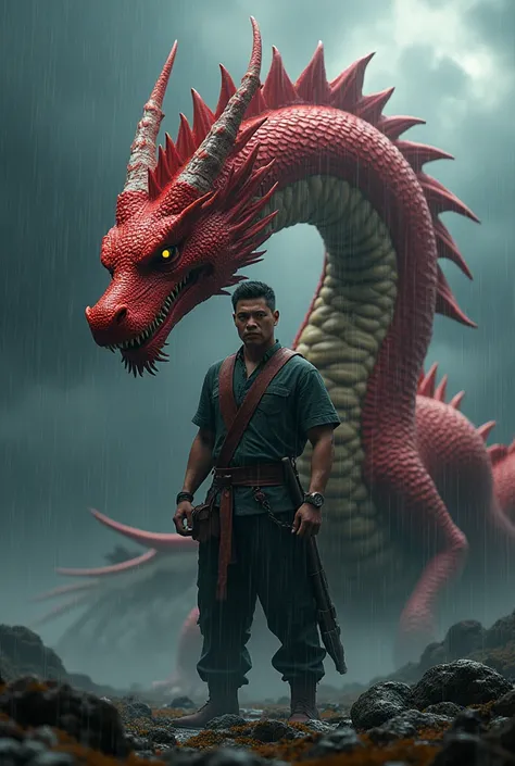 a Indonesian man standing (boy should somewhere arround 30 year old )with a red Agressive dragon(dragon should be dangerous) in a super cloudy wheather while raining super realistic create a AIP logo