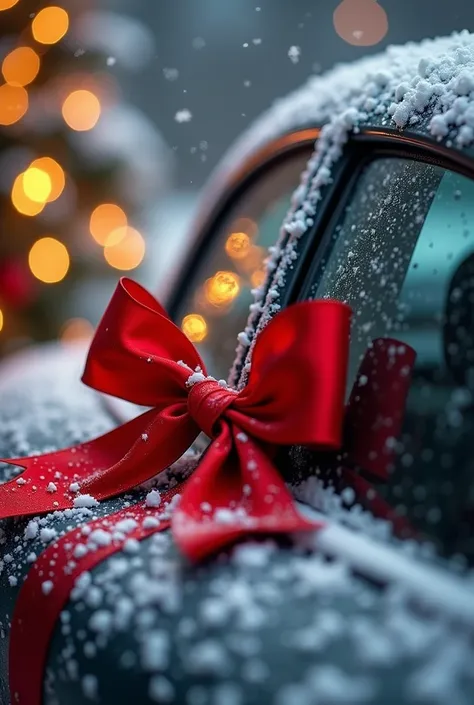 A Christmas image with an automotive window product with a red ribbon