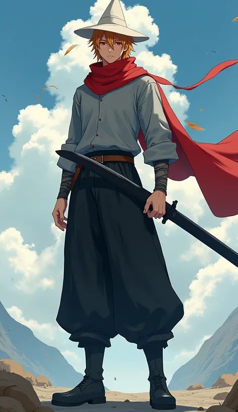 create realistic male anime character, light orange long hair, low taper, red eye, 6’5 height, black pants, grey shirt, plain black sword, red scarf, black boots, white ninja hat, tokito breathing power, wind power. 