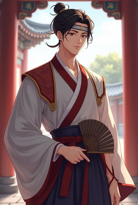 Sharp ,  graduate anime in the Chōzon dynasty , Yang Bun , ผู้ชายเกาหลีใส่ชุดHanbok, a shot of (dg_ChadMM ), ( beautiful body :1.2),  exhausting  (Hanbok, have,  nipple hairstyle , see-through headband),  slim body ,  mature ,  mmasculine , Short hair, Fan...