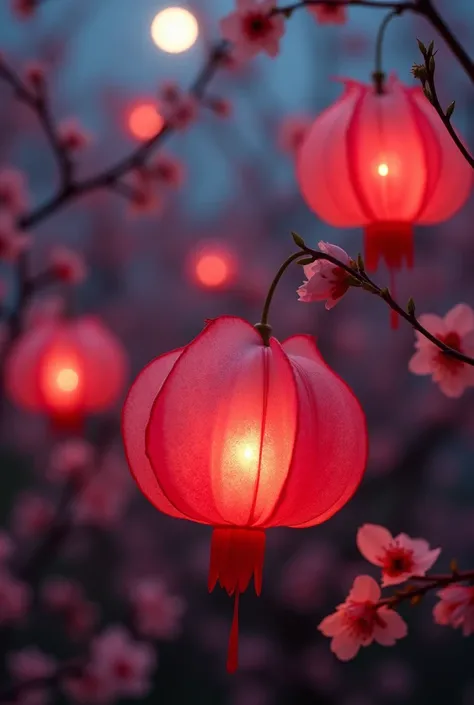  red physalis flowers that shine beautifully when illuminated by the moonlight at night。
The background is cherry blossoms blooming at night 

