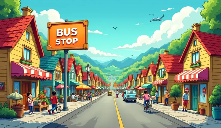   Cartoon Image of a town,(bus stop written on board)is there