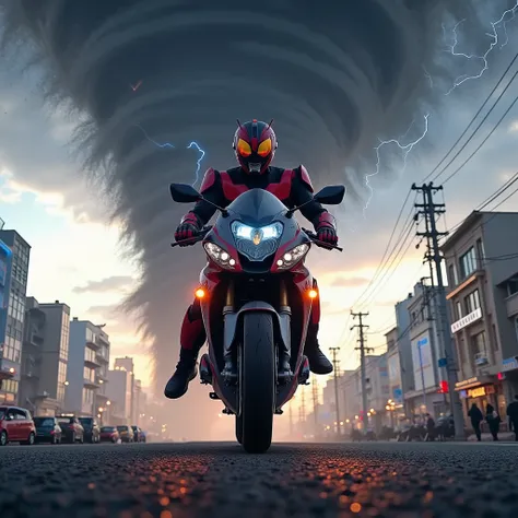 Kamen Rider is riding his motorcycle directly into a tornado, heroic battle to save Tokyo