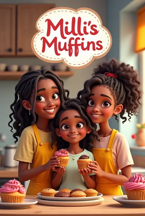 Create an animated pixar character for a 20 page rens book about entreprenuership titled "Millis Muffins". Make it 3 sisters, ages 13, 9, and 4 all with braids. Have the images make the  dark skinned and the younger 2 sisters brown skinned young black girl...