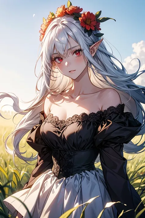 A girl with long white hair, wearing an off-the-shoulder dress and red eyes, stands in the grassy field under a blue sky and sunlight. She has flowers on her head, in an anime style, and exudes elegance through soft lighting. Elf Girl，Her whole body is dep...