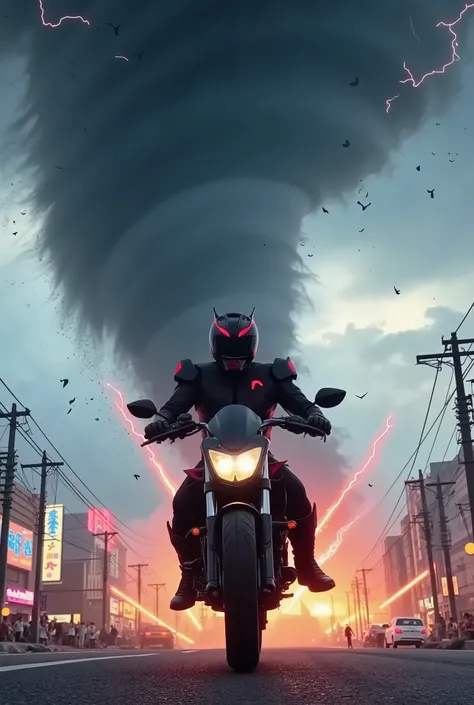 Kamen Rider is riding his motorcycle directly into a tornado, heroic battle to save Tokyo
