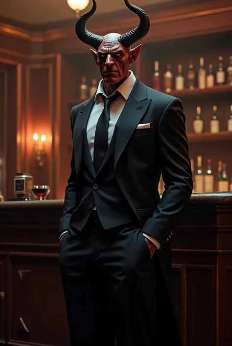  Nice devil in a classy suit, Who stands in a bar . XP9 is written on the counter. 