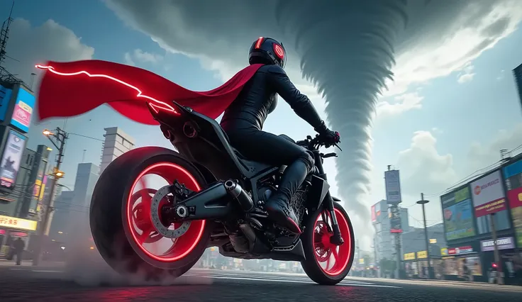 Kamen Rider is riding his motorcycle directly into a tornado, heroic battle to save Tokyo
