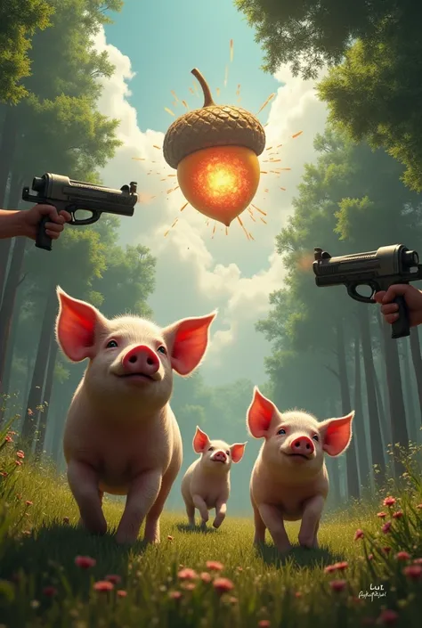 Pigs in the forest look to the sky ,  where a big acorn explodes ,  and luli with machine guns run at them