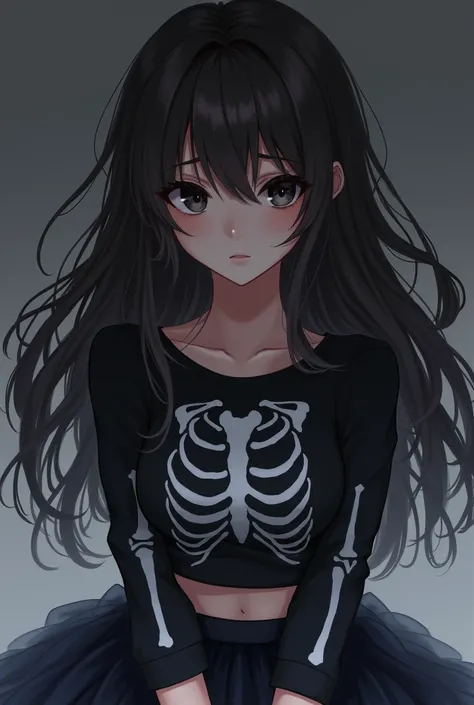  Anime girl with long dark brown hair,  black eyes, Sad looking at the camera ,  is wearing a skeleton print crop top and a tutu skirt