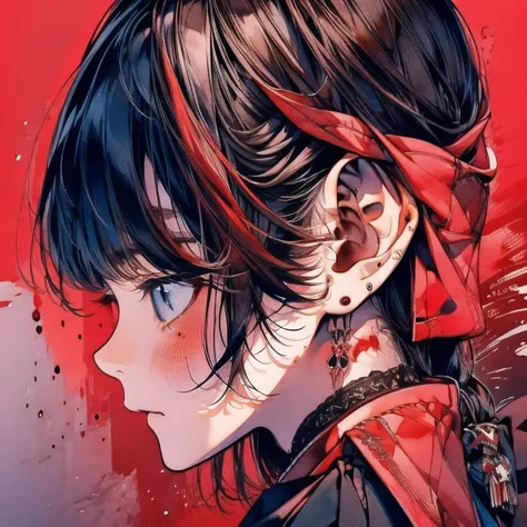 1 girl, Japanese woman, 18 years old, mature, close-up of face, cool expression, profile, downcast face, tear on cheek, crimson and black, two-tone illustration, minimalism, striking art style, emotional, pessimistic, monochromatic crimson background, mast...