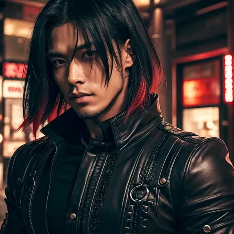 1 man, Japanese man, 30 years old, hairstyle Visual Kei, hair color blonde, muscular, broad shoulders, ultra detailed face and eyes, Asian eyes, pretty face, realistic representation, outfit gothic-cyberpunk, black mens shirt and black pants, long hair, ha...