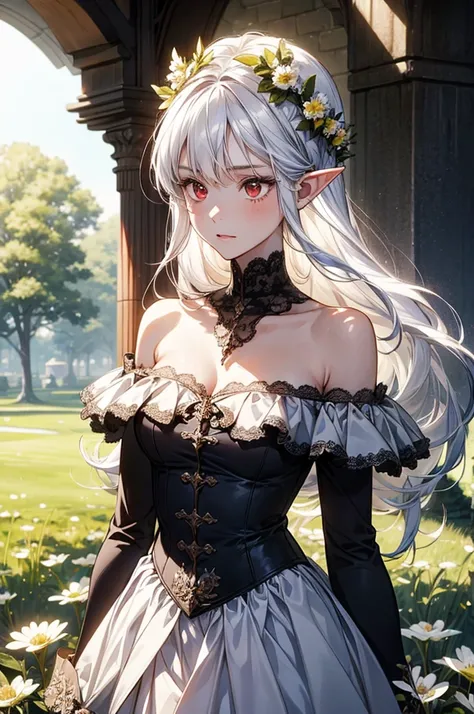 A girl with long white hair, wearing an off-the-shoulder dress and red eyes, stands in the grassy field under a blue sky and sunlight. She has flowers on her head, in an anime style, and exudes elegance through soft lighting. Elf Girl，Her whole body is dep...