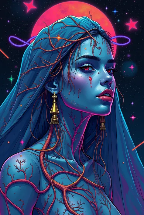 cartoon style, masterpiece, best quality, ultra high res, extremely detailed, (psychedelic art:1.4), woman, veil, visually stunning, beautiful, award-winning illustration, cosmic space background, ethereal atmosphere, ultra quality, beautiful girl, cosmica...