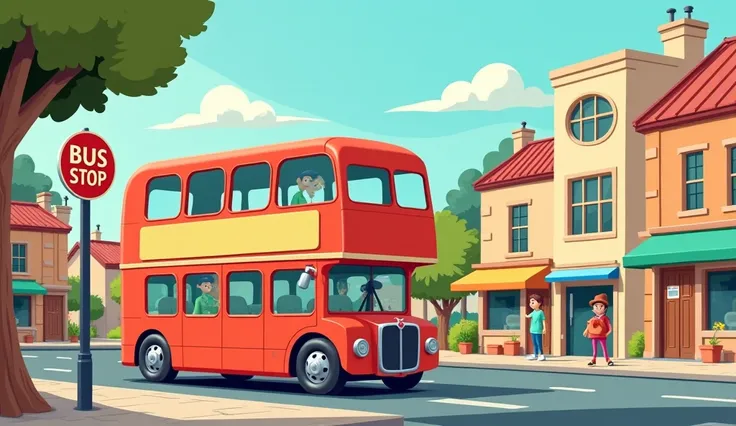   Cartoon Image of a town,(bus stop written on board)double storade big  bus there