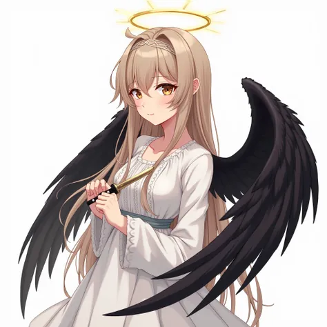 Anime female angel with a black halo and wings and light brown hair holding a dagger on a white background from the belly up