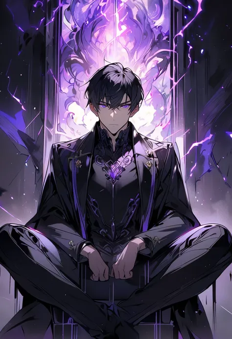  handsome,  alone, 1 person, Short hair, Black hair,  purple eyes,  black shirt,  black coat , Lots of power,Chin-footed sitting, sitting on the throne ,