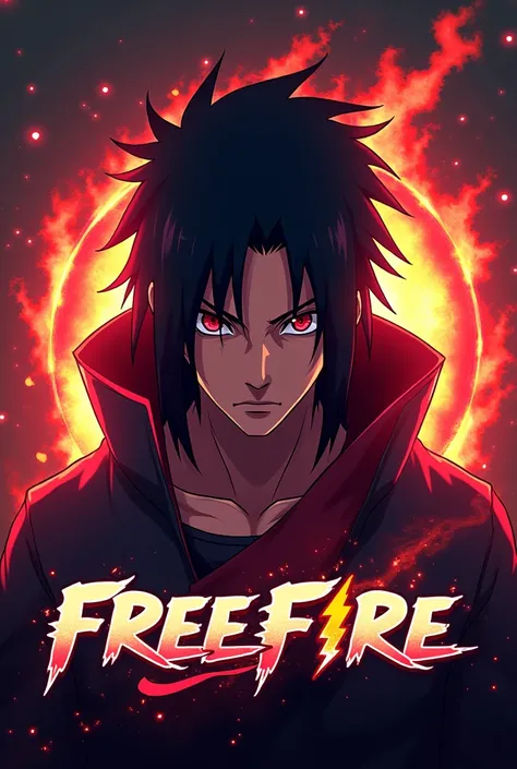 "A vibrant anime-style gaming logo featuring Itachi Uchiha with Sharingan design, dynamic fire and smoke effects, glowing light background, red and black as primary colors with neon blue highlights. Include the Free Fire text in a bold, futuristic font tha...