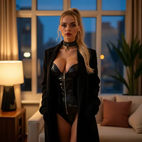  glamorous,confident model,20 yo (((Full-length portrait))), Full-length portrait of a slim, Instagram-popular model,attractive woman,gorgeous curvy blonde,woman, standing in a modern apartment, evening lighting, wearing long black later coat,closed,hands ...