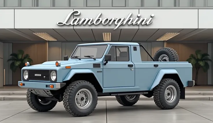 Generate a Realistic image of   1986 Lamborghini LM002 light blue colour with silver rim  main view with car showroom background with wall big logo of lamborgh